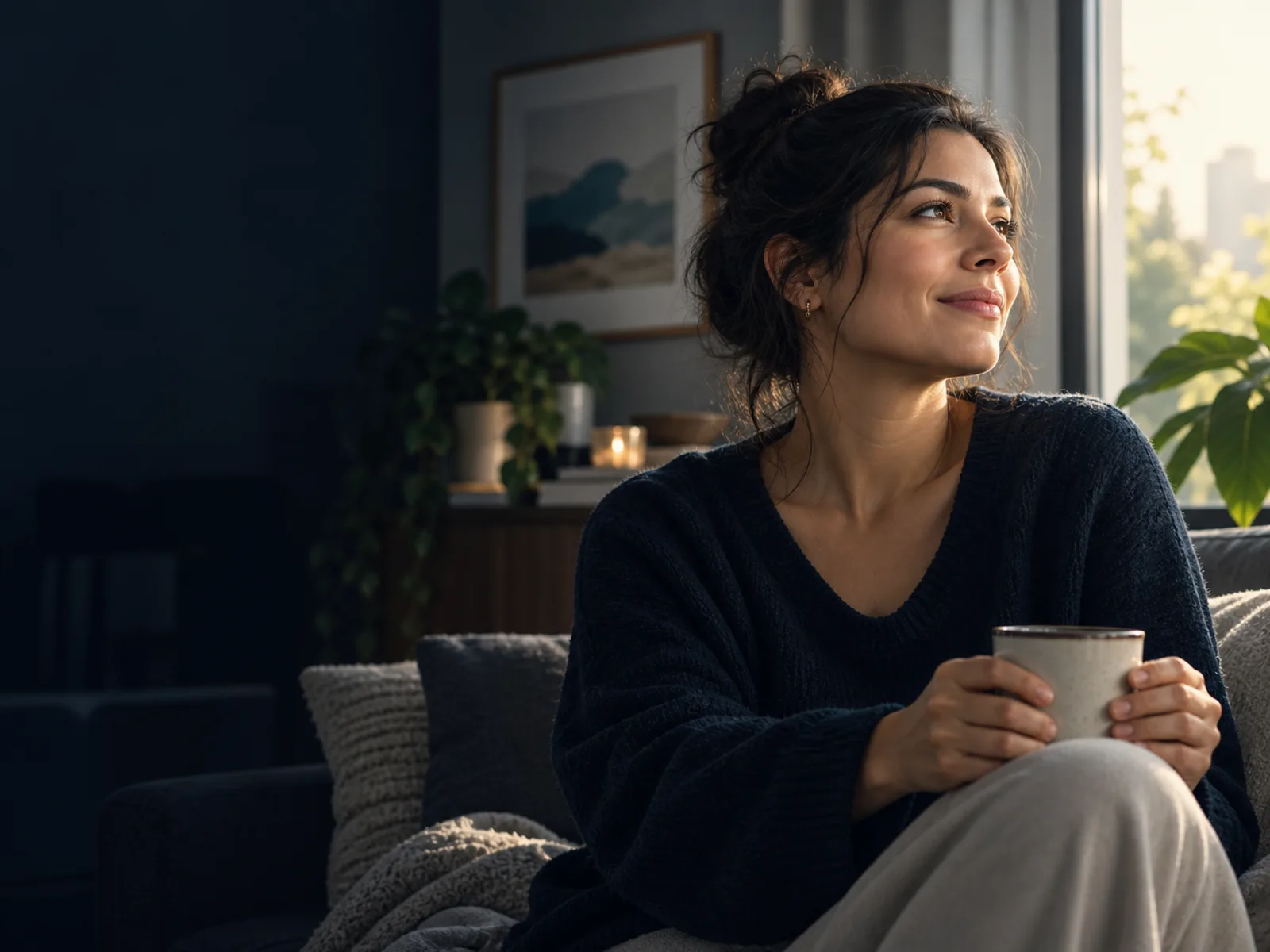 Una mujer contempla con calma el siguiente paso que quiere dar